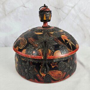 Vintage Round Middle Eastern Wooden Spice Box Hand Carved Hand Painted